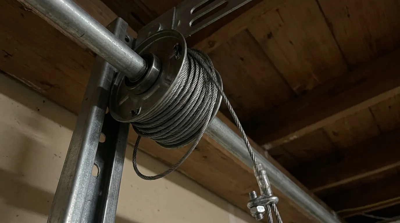 Garage door lift cable wound on its drum