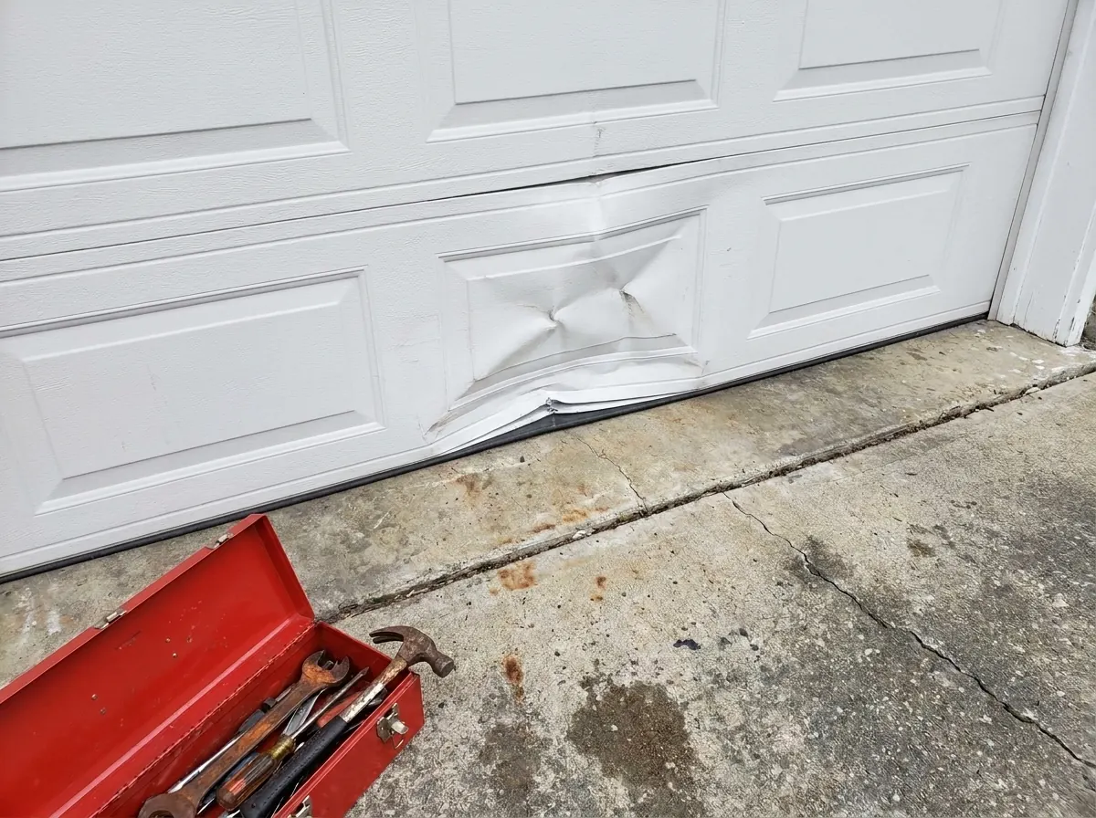 Dented bottom panel on a white garage door