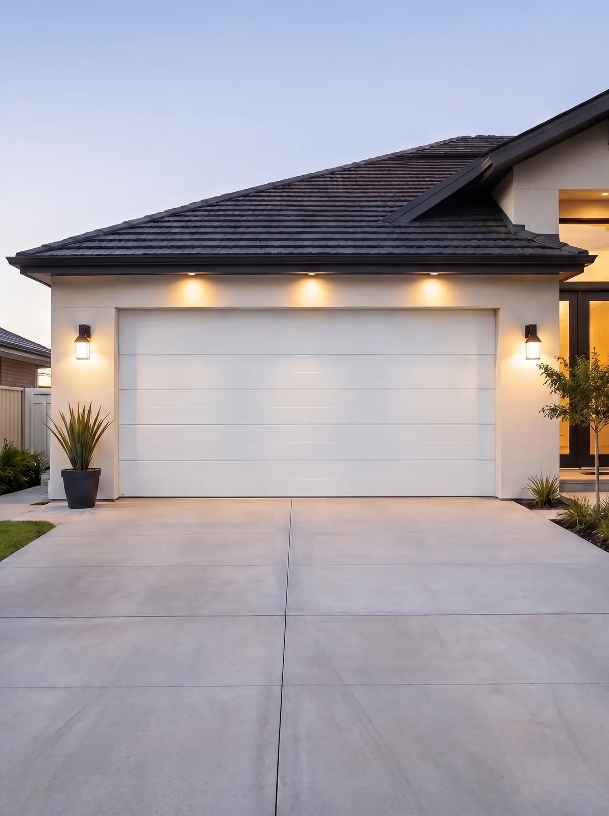 Modern home with a white garage door lit at dusk