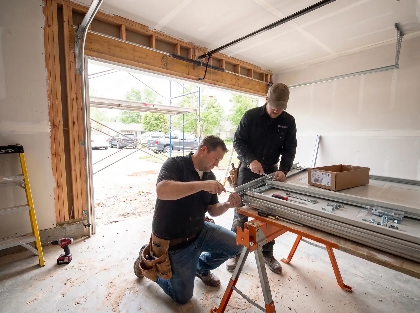 Two A2Z technicians installing a new garage door