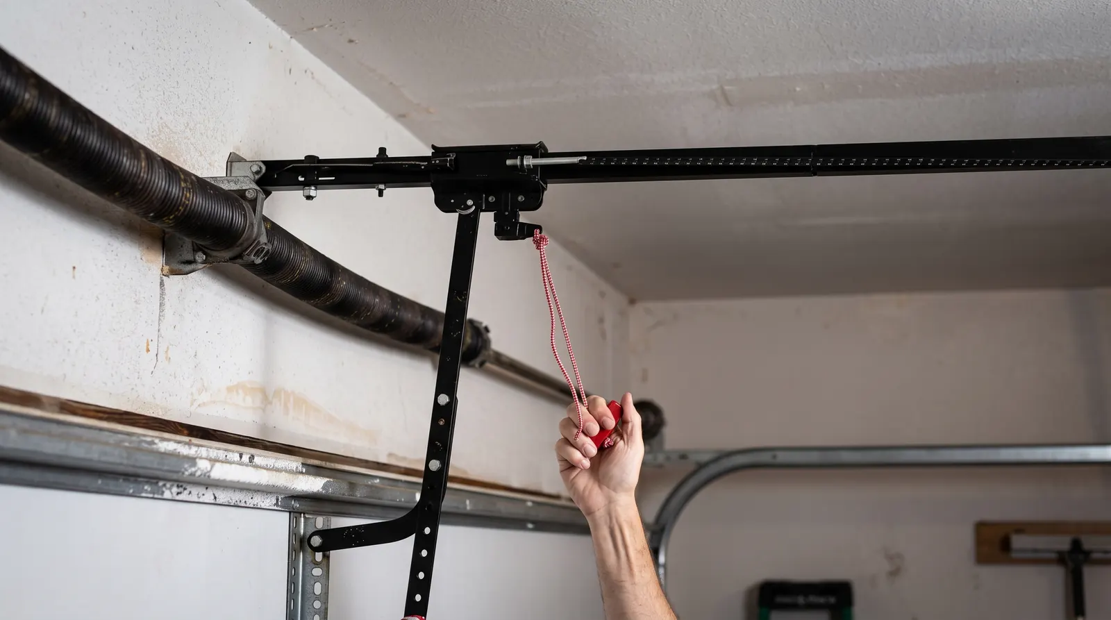Garage door opener rail with the red emergency release cord