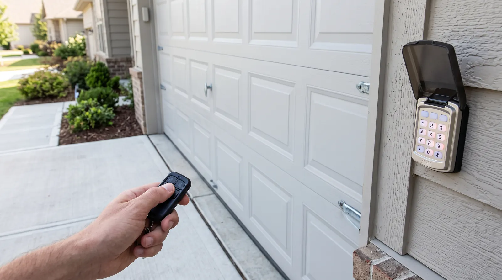 Hand pointing a remote at a garage door