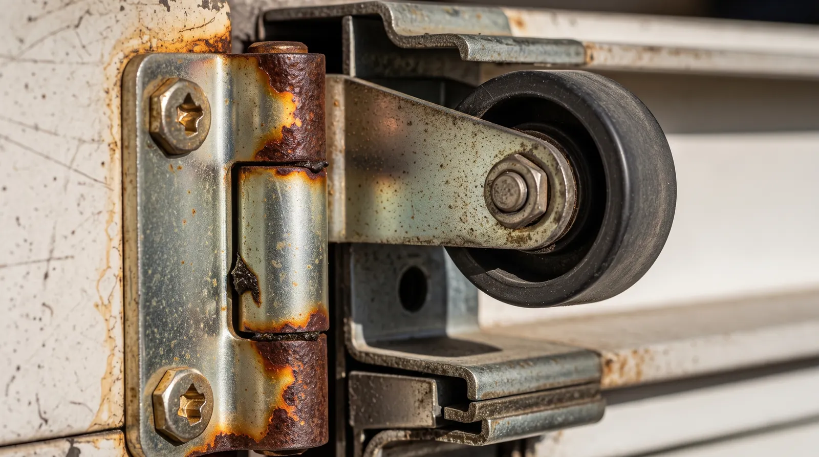 Rusted garage door hinge and roller