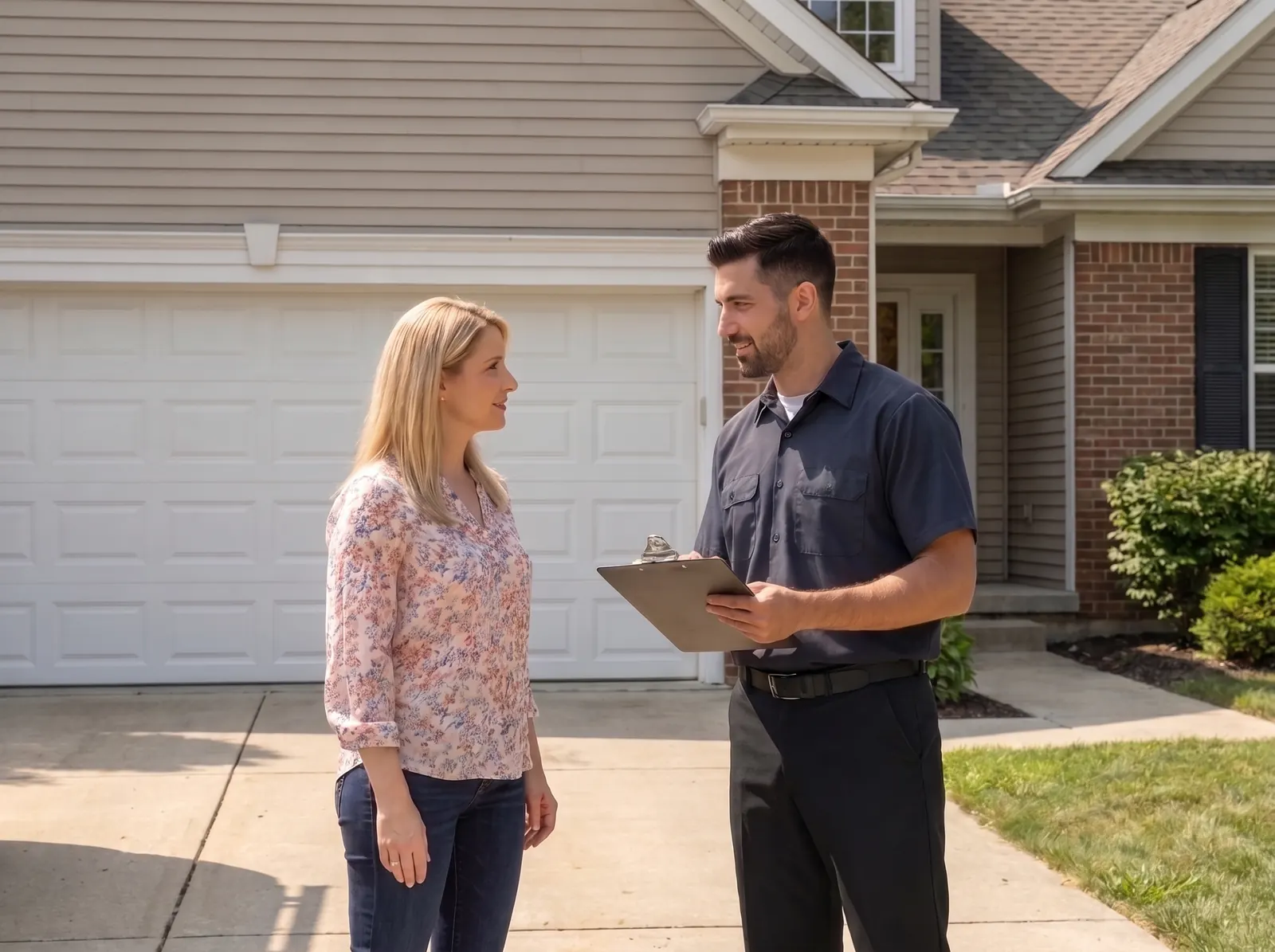 A2Z technician talking with a homeowner in her driveway