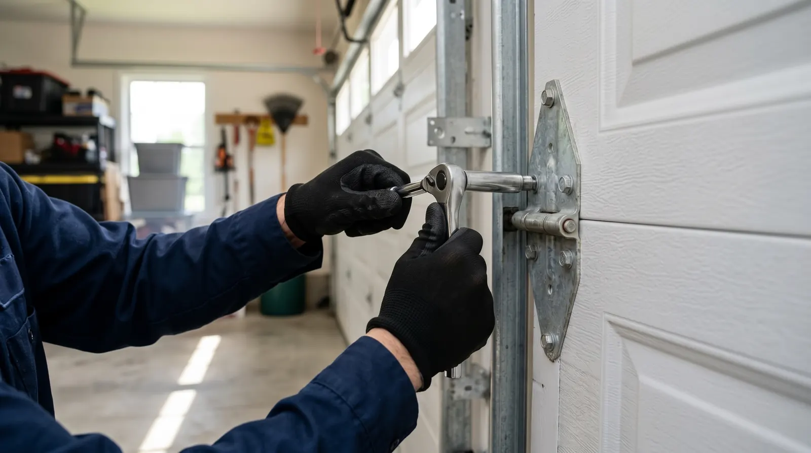 Technician tightening garage door hardware